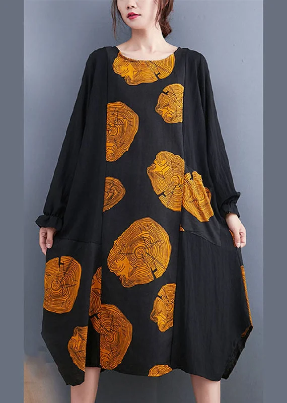 Major Savings comfy maxi dressWomen Yellow Patchwork Pockets Print Fall Dress Long sleeve