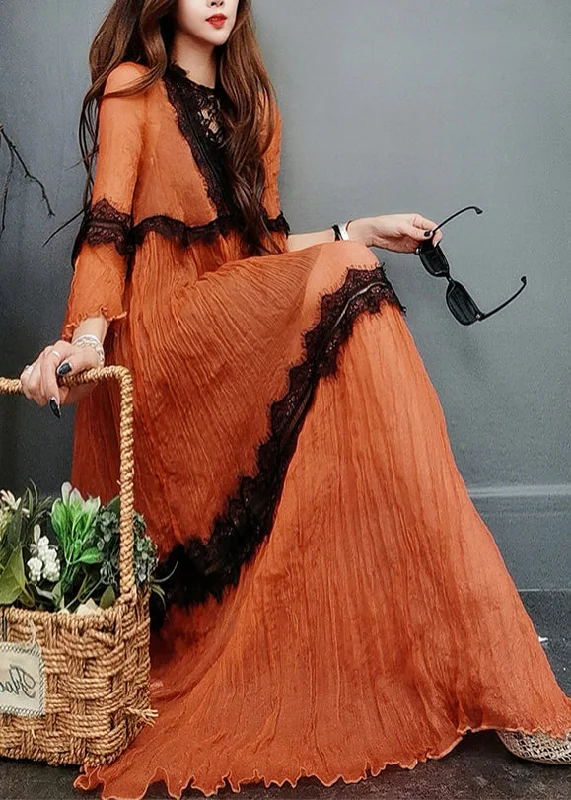 Exclusive Deal formal dressNatural Orange O-Neck Lace Patchwork Silk Maxi Dress Flare Sleeve Exclusive Deal formal dressNatural Orange O-Neck Lace Patchwork Silk Maxi Dress Flare Sleeve