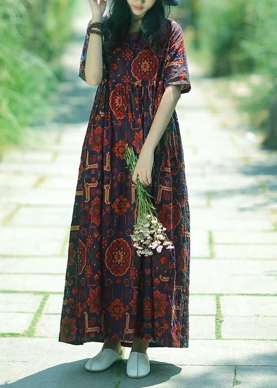 Super Deal pleated dressWomen dark blue print linen Soft Surroundings o neck Cinched summer Dress