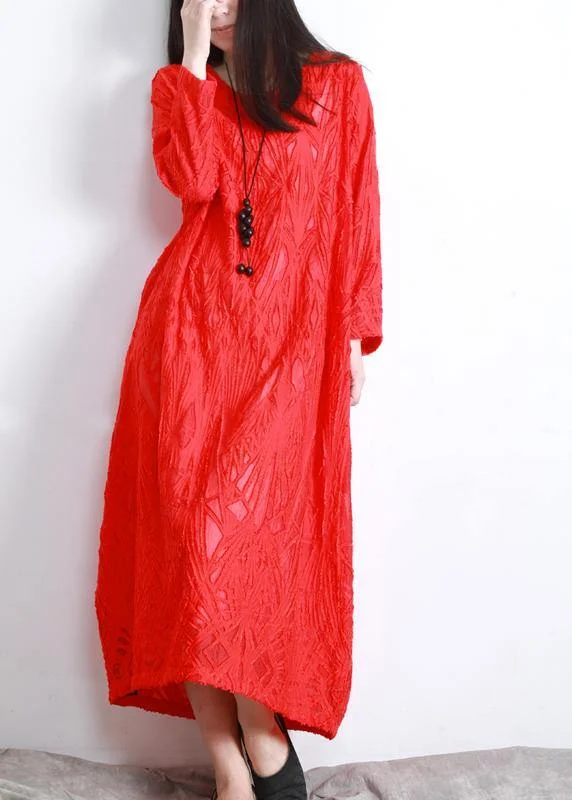 Year-End Sale printed dressOrganic Red Jacquard O-Neck Loose Silk Dress Summer