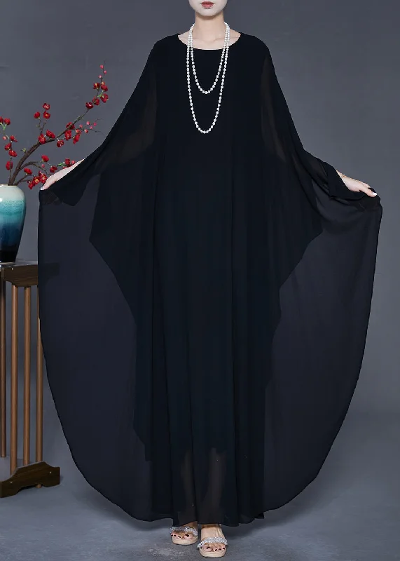 Deep Discounts elegant dressFrench Black Oversized Draping Chiffon Vacation Dresses Summer
