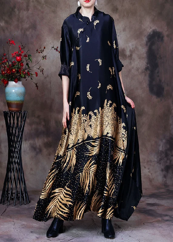 The Best Prices trendy dressElegant Black Mandarin Collar Print Silk Long Dress Gown Long Sleeve The Best Prices trendy dressElegant Black Mandarin Collar Print Silk Long Dress Gown Long Sleeve