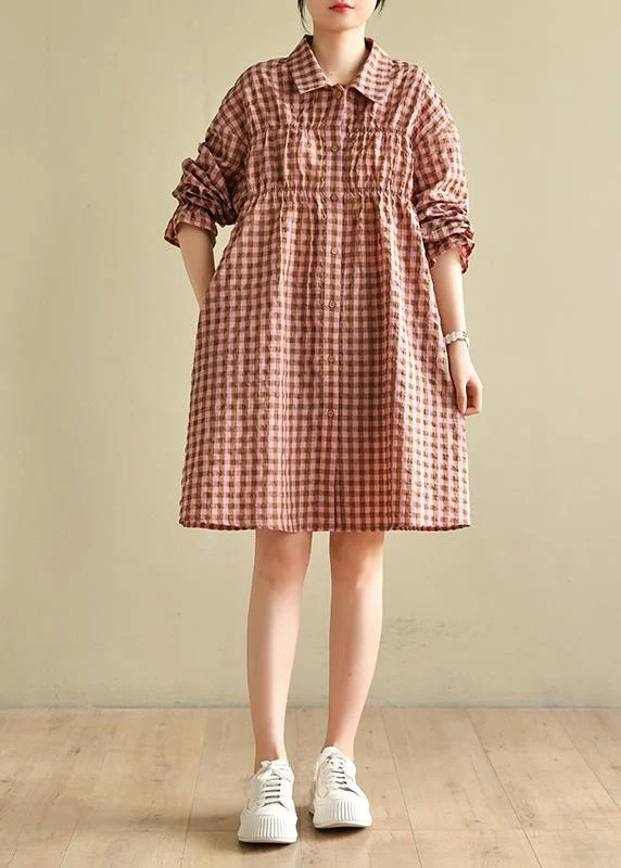 Hot Deal cocktail dressNatural Pink Plaid Cotton Cinched Spring Dresses