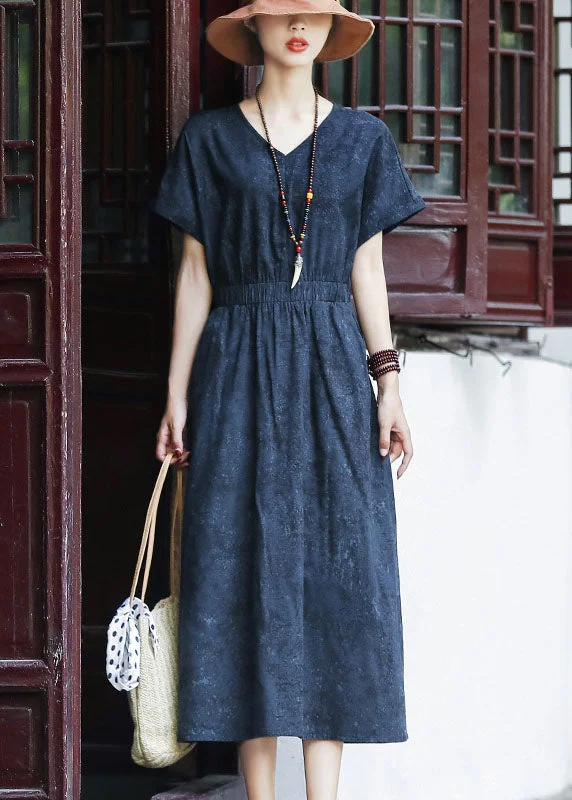 Instant Discount trendy dressSlim Fit Navy Cinched Elastic Waist Pockets Cotton Dresses Short Sleeve
