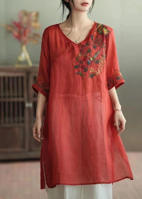 Take Advantage flowy evening dressRetro Red V Neck Embroideried Patchwork Linen Mid Dress Summer Take Advantage flowy evening dressRetro Red V Neck Embroideried Patchwork Linen Mid Dress Summer