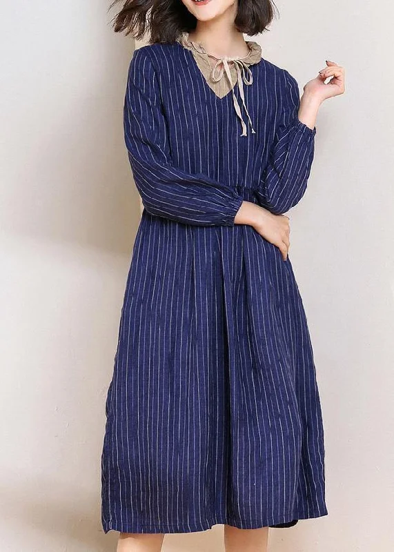 Super Sale flowy dressWomen blue striped linen dresses v neck Dresses patchwork  Dresses