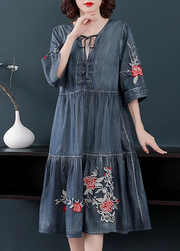Midnight Madness bodycon dressFashion Blue V Neck Embroideried Cotton Holiday Denim Dress Half Sleeve