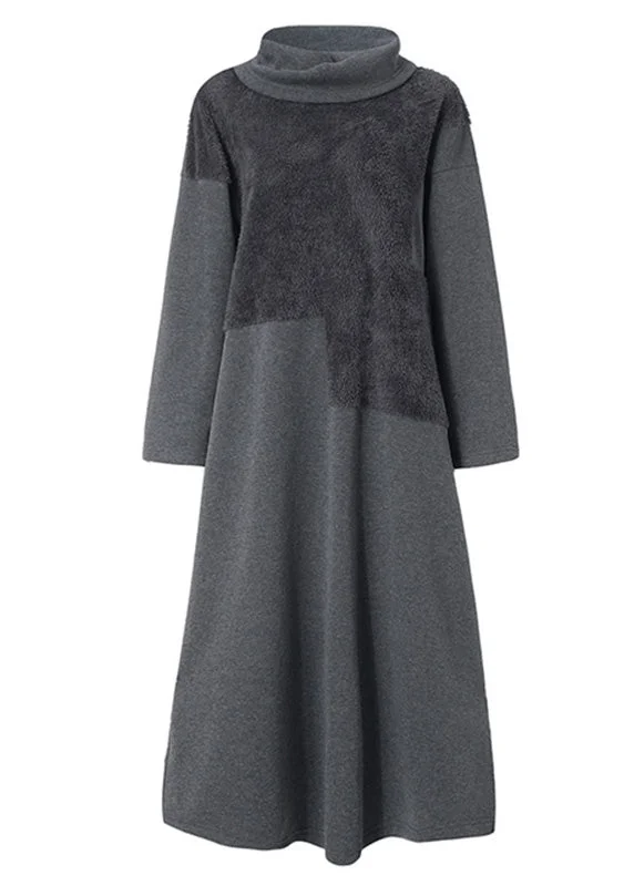 Weekend Flash Sale summer floral dressHigh Neck Grey Plush Panel Long Sleeved Dress Spring
