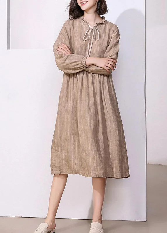 Today’s Deal boho dressClassy khaki linen dresses v neck Robe high neck Dresses