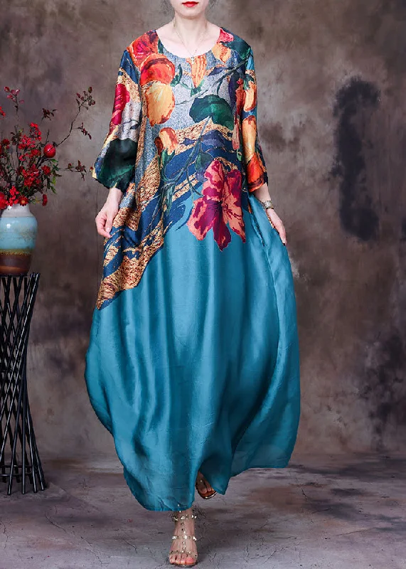 Best Deals statement dressBohemian Blue O-Neck Print Silk Party Dress Long Sleeve