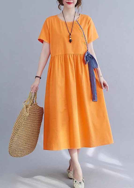 Year-End Sale midi dressFrench Orange Patchwork Button Party Summer Cotton Linen Dress