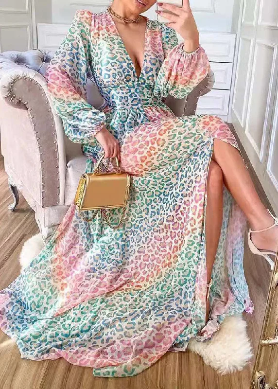 Limited Availability fitted bodycon dressStylish Leopard V Neck Side Open Cotton Long Dress Lantern Sleeve