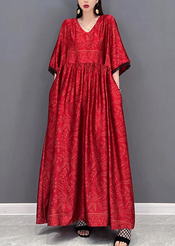 New Deals flowy evening dressRed Chinese Style Silk Long Dress wrinkled Short Sleeve