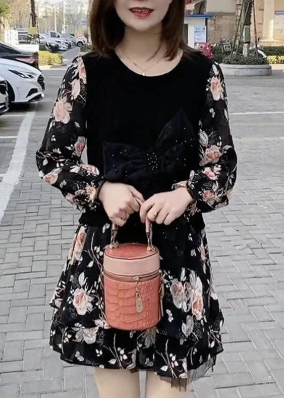 Don't Miss one-shoulder dressNovelty Black O-Neck Bow Patchwork Mid Dress Spring