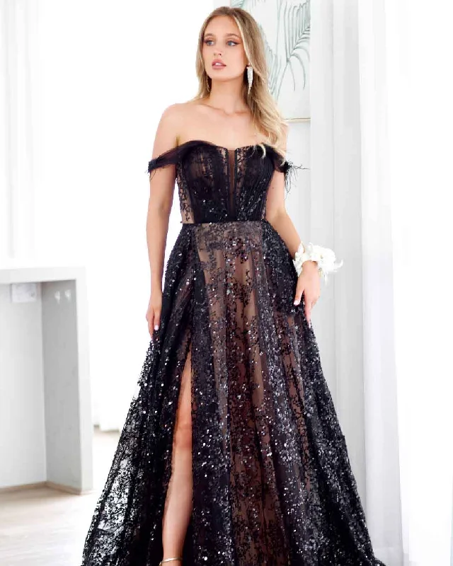 Daily Specials off-shoulder dressAisha Feather Sequin Gown - Black and Nude [HIRE]