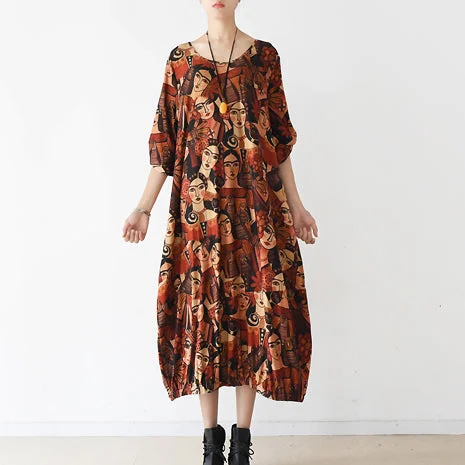 Discount Extravaganza sleek dress2024 brown prints cotton dress plus size clothing o neck cotton clothing dresses