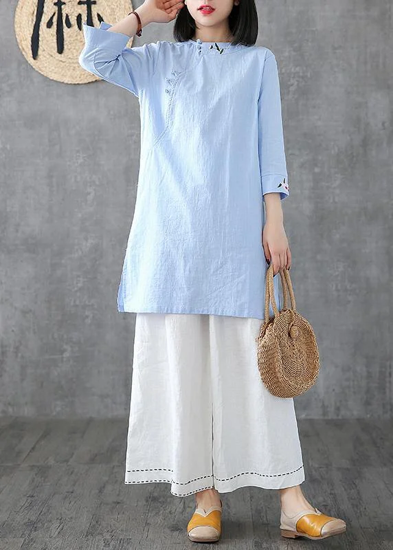 Special Buy casual evening dressClassy o neck embroidery linen Robes Work light blue Dress