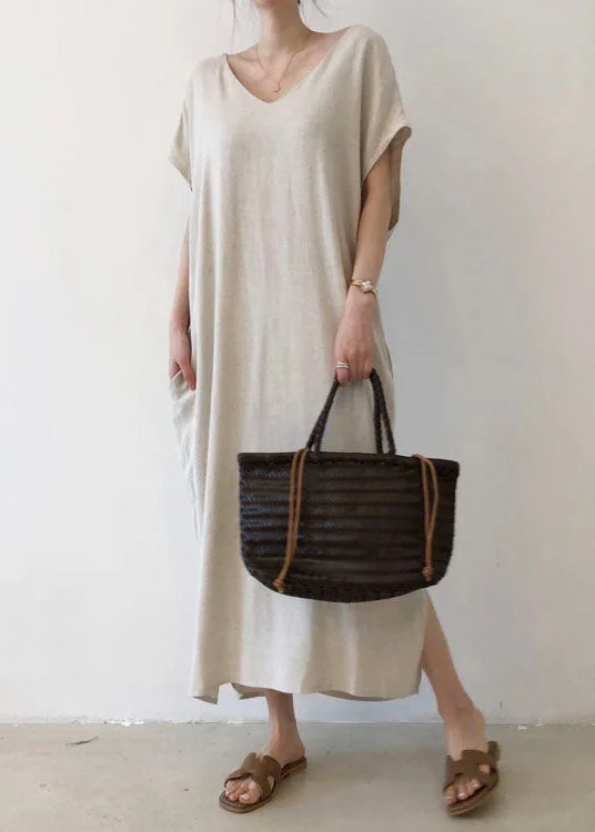 Super Bargain floral wrap dressFashion Beige V Neck Cotton Short Sleeve Long Dresses