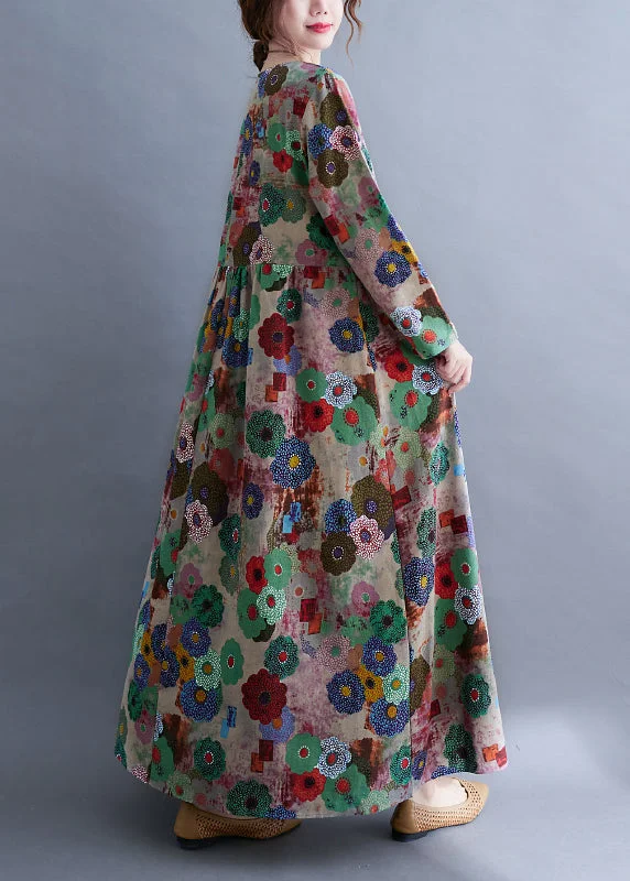 Bonus Savings midi dressPlus Size O-Neck Print Wrinkled Extra large hem Long Dress Spring