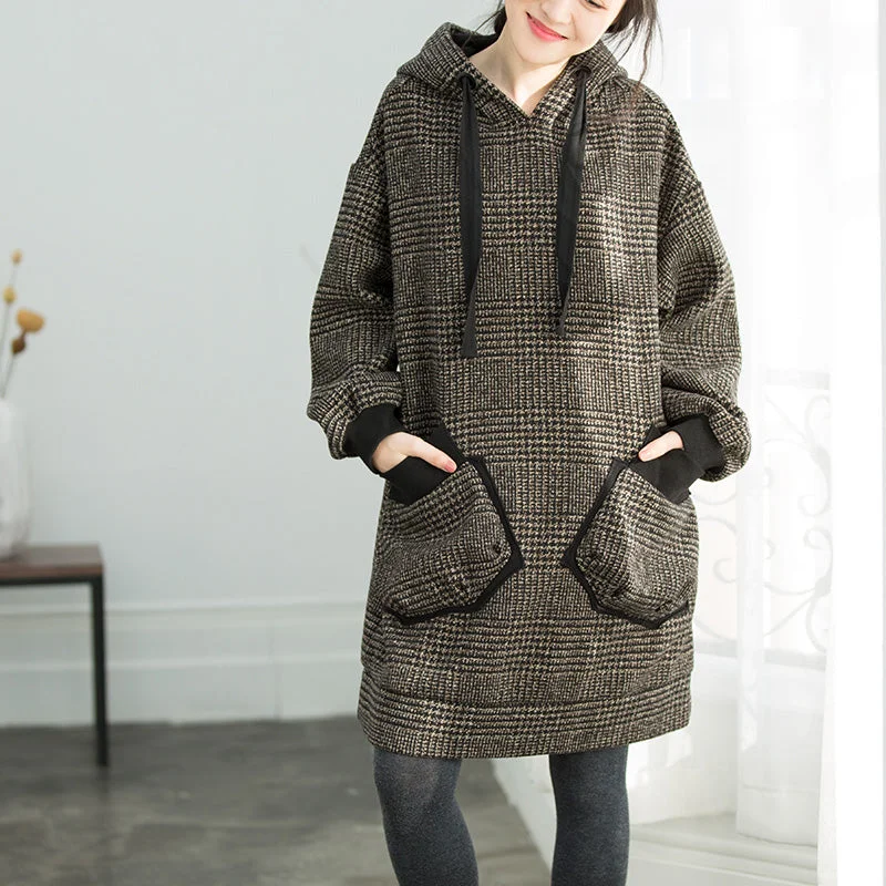 Closeout statement dressChic Plaid Cotton Tunics Sweets Shape hooded oversized spring Dresses