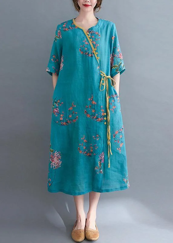 Today’s Deal ashionable dressFrench Blue Print tie waist Mid Summer Cotton Dress