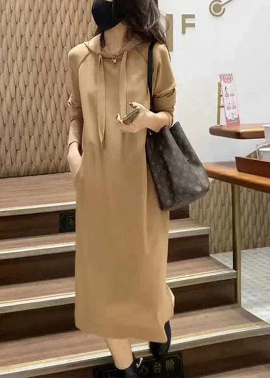 Mega Sale long sleeve dressStyle Khaki Hooded Cinched Cotton Sweatshirt dress Spring