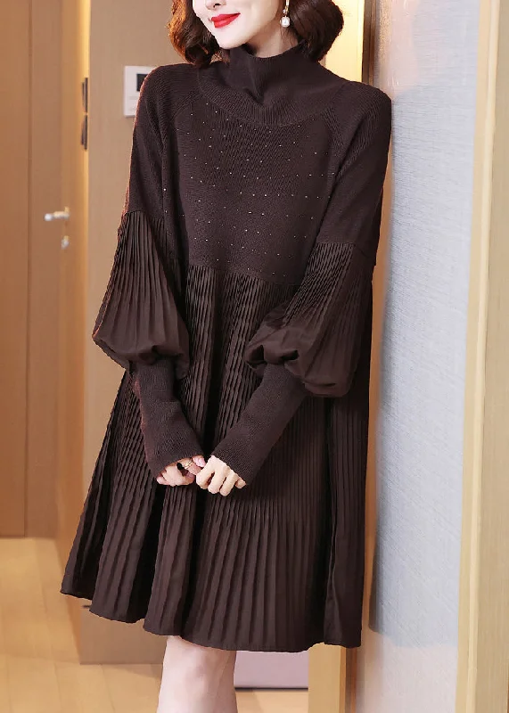 Extra Discounts elegant dressChocolate Turtleneck Knit Long Dress Lantern Sleeve