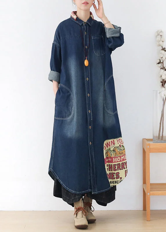 Weekend Deal flowy dressChic Blue Peter Pan Collar Patchwork Letter Print Button Pockets Cotton Denim Dresses Long Sleeve Weekend Deal flowy dressChic Blue Peter Pan Collar Patchwork Letter Print Button Pockets Cotton Denim Dresses Long Sleeve