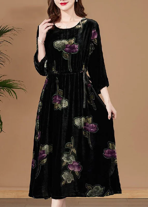 Seasonal Clearance backless dressWomen Black O-Neck Print Velour Party Dress Bracelet Sleeve Seasonal Clearance backless dressWomen Black O-Neck Print Velour Party Dress Bracelet Sleeve