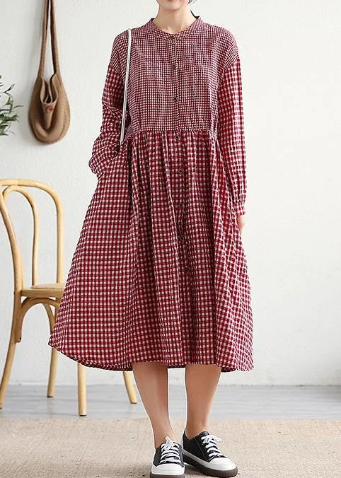 Exclusive Savings playful dressWomen red plaid cotton linen clothes o neck patchwork cotton Dresses