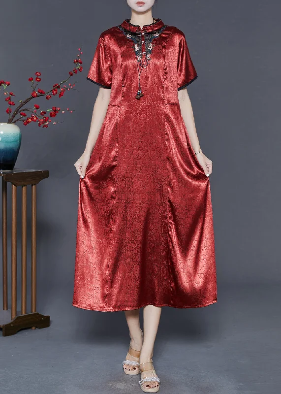 Massive Deals draped dressVintage Red Mandarin Collar Embroidered Silk Dresses Summer