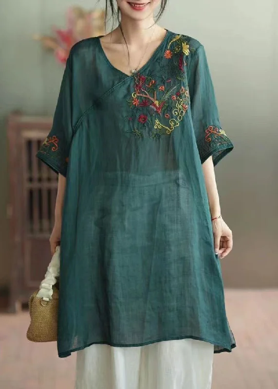 Steals and Deals lace-up dressGreen Patchwork Linen Mid Dress V Neck Embroideried Summer