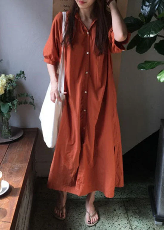 Price Reduction party-ready dressBrick Red Button Cotton Dresses wrinkled Half Sleeve