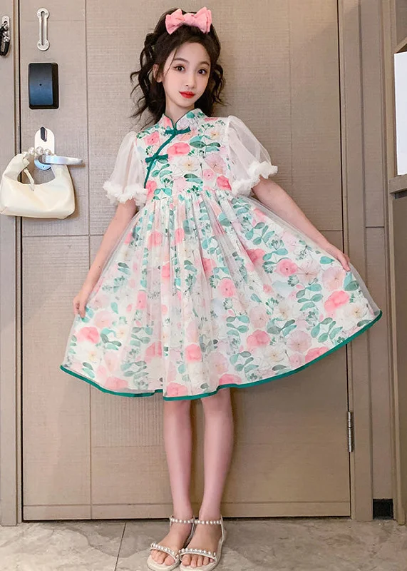 Stock Clearance elegant dressBeautiful Stand Collar Tulle Patchwork Button Girls Mid Dress Summer Stock Clearance elegant dressBeautiful Stand Collar Tulle Patchwork Button Girls Mid Dress Summer