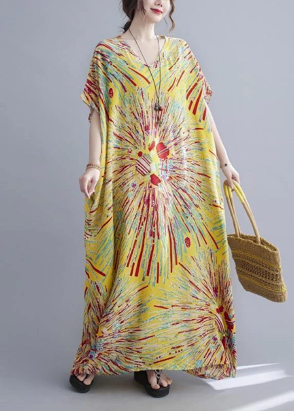 Super Bargain casual day dressCasual Yellow Print Cotton V Neck Oversize Summer Dress