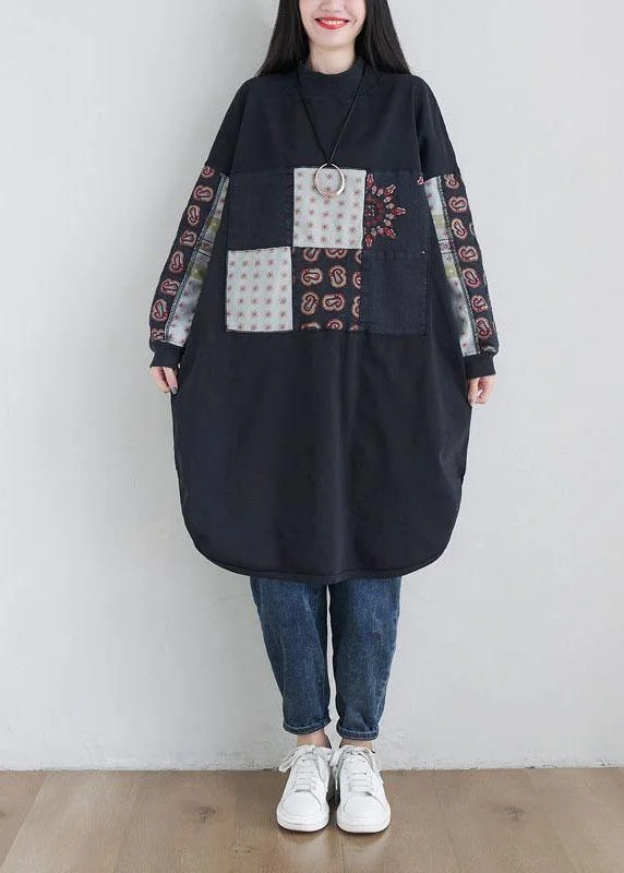 Instant Savings statement dressStylish Black Turtleneck Print Loose Fall Floral Sweatshirts Dress