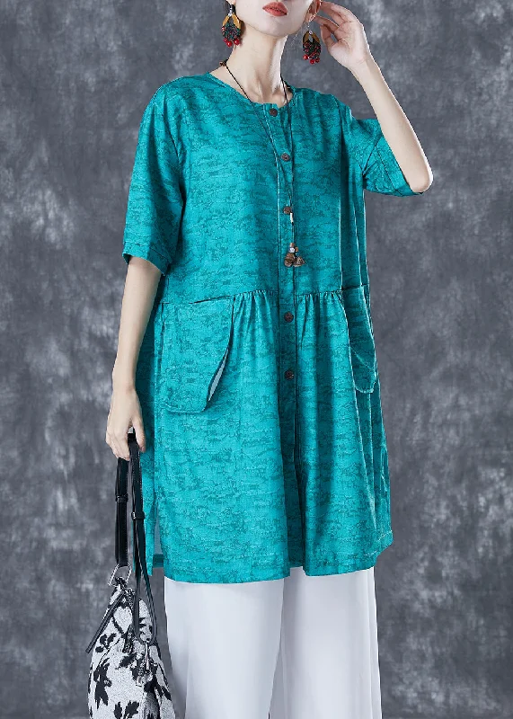 Closeout Sale casual midi dressFrench Blue O-Neck Print Pockets Cotton Holiday Dress Summer