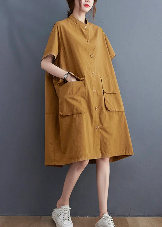 Limited Availability one-shoulder dressLoose Yellow Stand Collar Button pockets Dress Short Sleeve Limited Availability one-shoulder dressLoose Yellow Stand Collar Button pockets Dress Short Sleeve