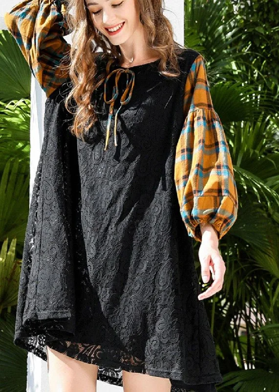 Flash Sale sleek dressStylish Black Patchwork Lantern Sleeve Lace Maxi Dress Summer