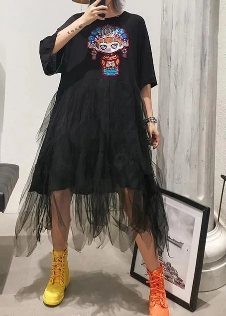 Now or Never sleeveless dressOrganic o neck patchwork asymmetric cotton dresses black print Plus Size Dress summer