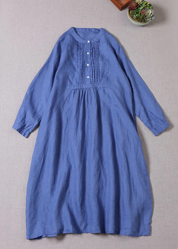 Value Deals draped dressBohemian Blue Button wrinkled Linen Dresses Long Sleeve