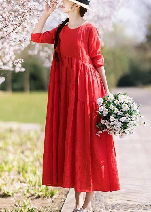 Sneak Peek Sale v-neck dressItalian Red Half Sleeve O-Neck Summer Linen Dress