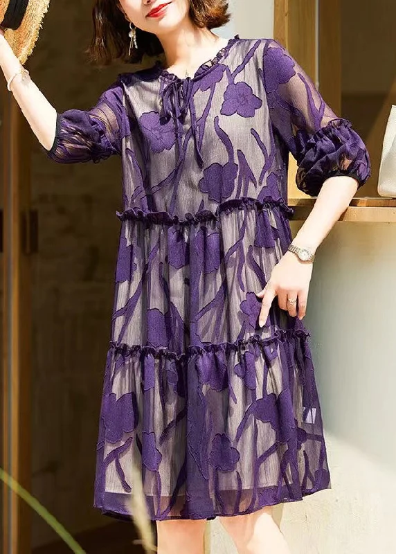 Savings Galore shift dressItalian Purple Ruffled Lace Up Chiffon Dresses Half Sleeve