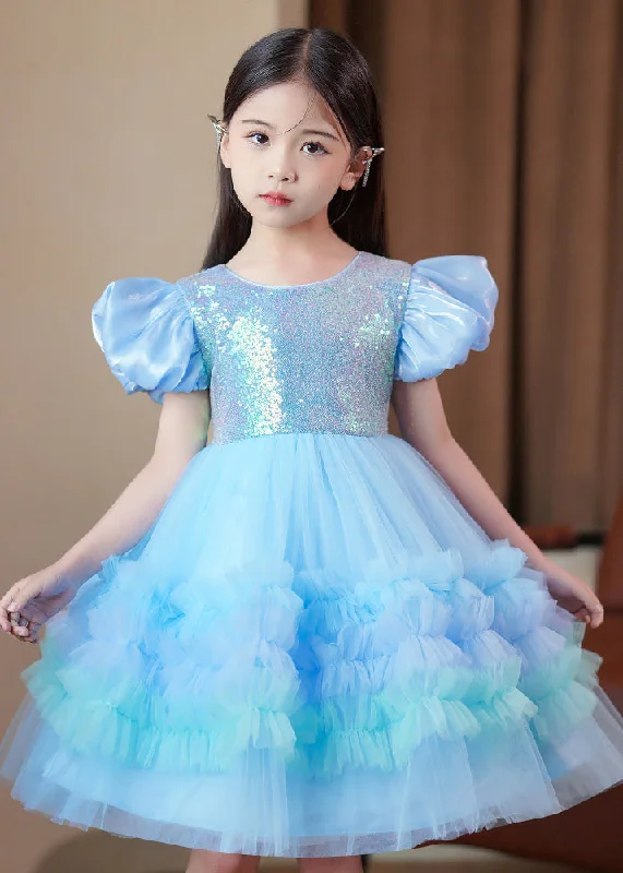 Epic Deals oversized dressElegant Blue Ruffled Tulle Kids Girls Long Dress Puff Sleeve