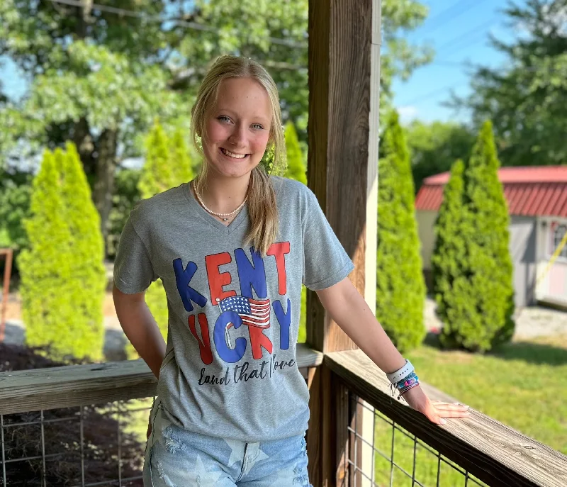 Unbeatable Prices comfy workout sweatshirt"Kentucky, Land That I Love" V-Neck Tee in Heather Gray Unbeatable Prices comfy workout sweatshirt"Kentucky, Land That I Love" V-Neck Tee in Heather Gray