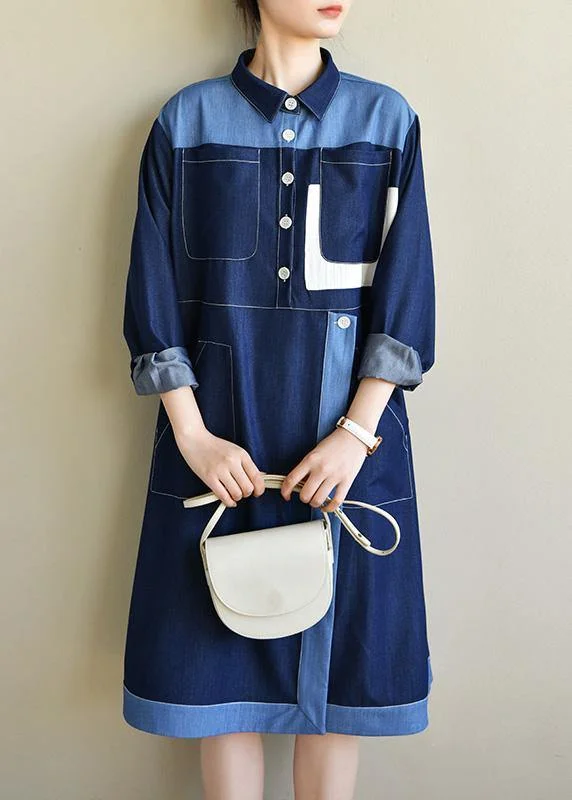 Limited Stock long-sleeve floral dressDIY Navy Long sleeve Chiffon Dress Patchwork Mid Dress