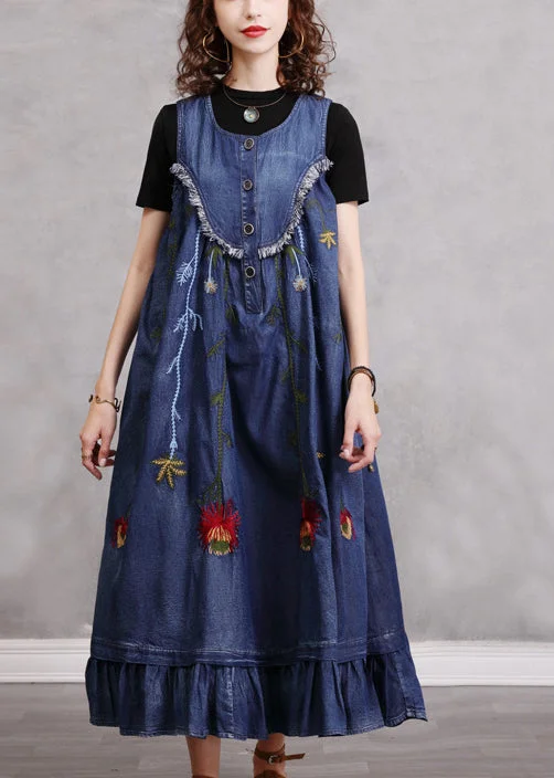 Final Sale winter dressBoho Blue O-Neck Ruffled Embroideried Patchwork Cotton Denim Dress Sleeveless