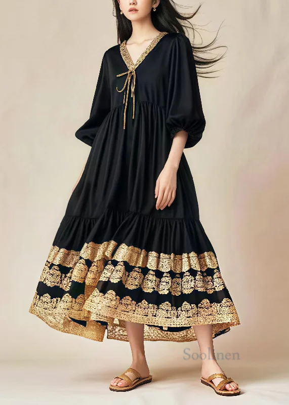 Super Sale boho-chic dressStyle Black Oversized Patchwork Lace Cotton Holiday Dress Spring