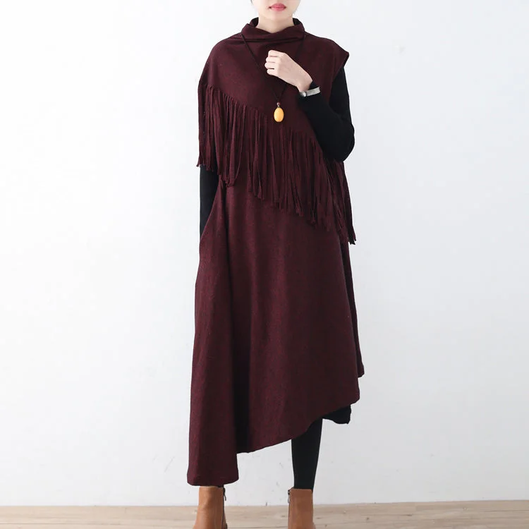 Super Sale formal dressFine burgundy long woolen trendy plus size tassel fall dresses Elegant asymmetric hem winter dress