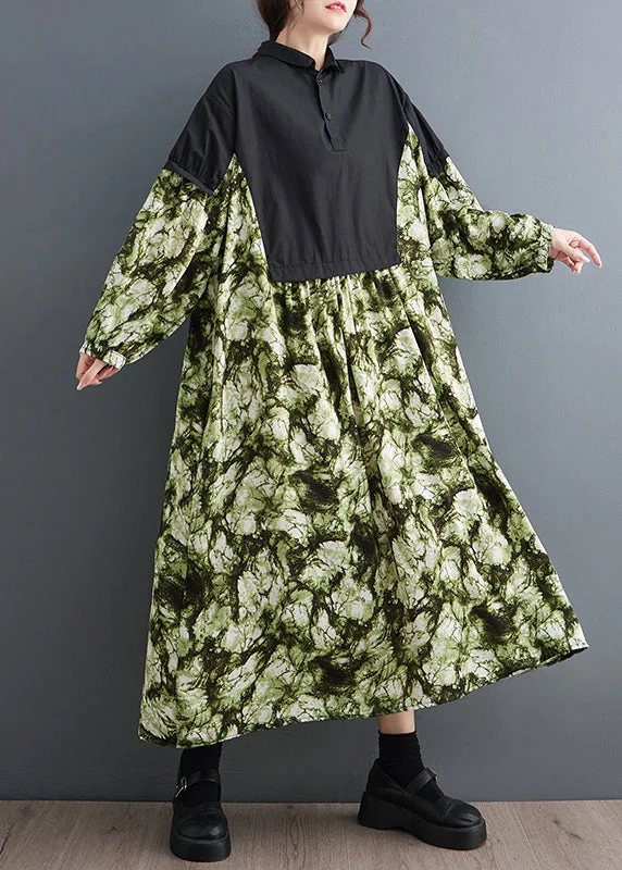 Savings Spectacular casual midi dressGreen Print Patchwork Cotton Long Dresses Oversized Fall